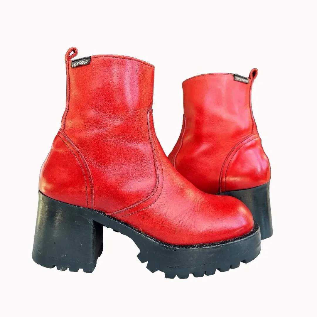 DESTROY Platform Vintage Y2K Zip Red Leather Ankle Boots