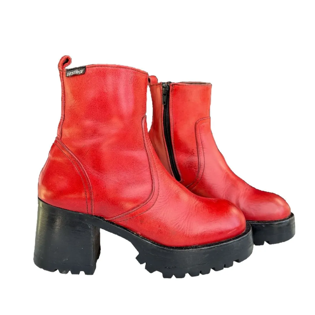 DESTROY Platform Vintage Y2K Zip Red Leather Ankle Boots
