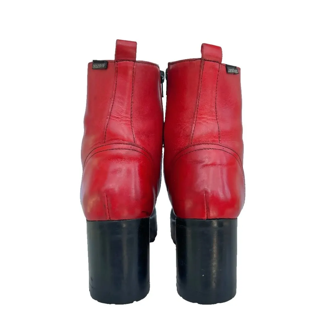 DESTROY Platform Vintage Y2K Zip Red Leather Ankle Boots