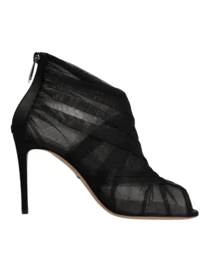 Dolce&Gabbana Women Black Ankle Boots Mesh Peep Toe Zip High Heel Booties EUR 38