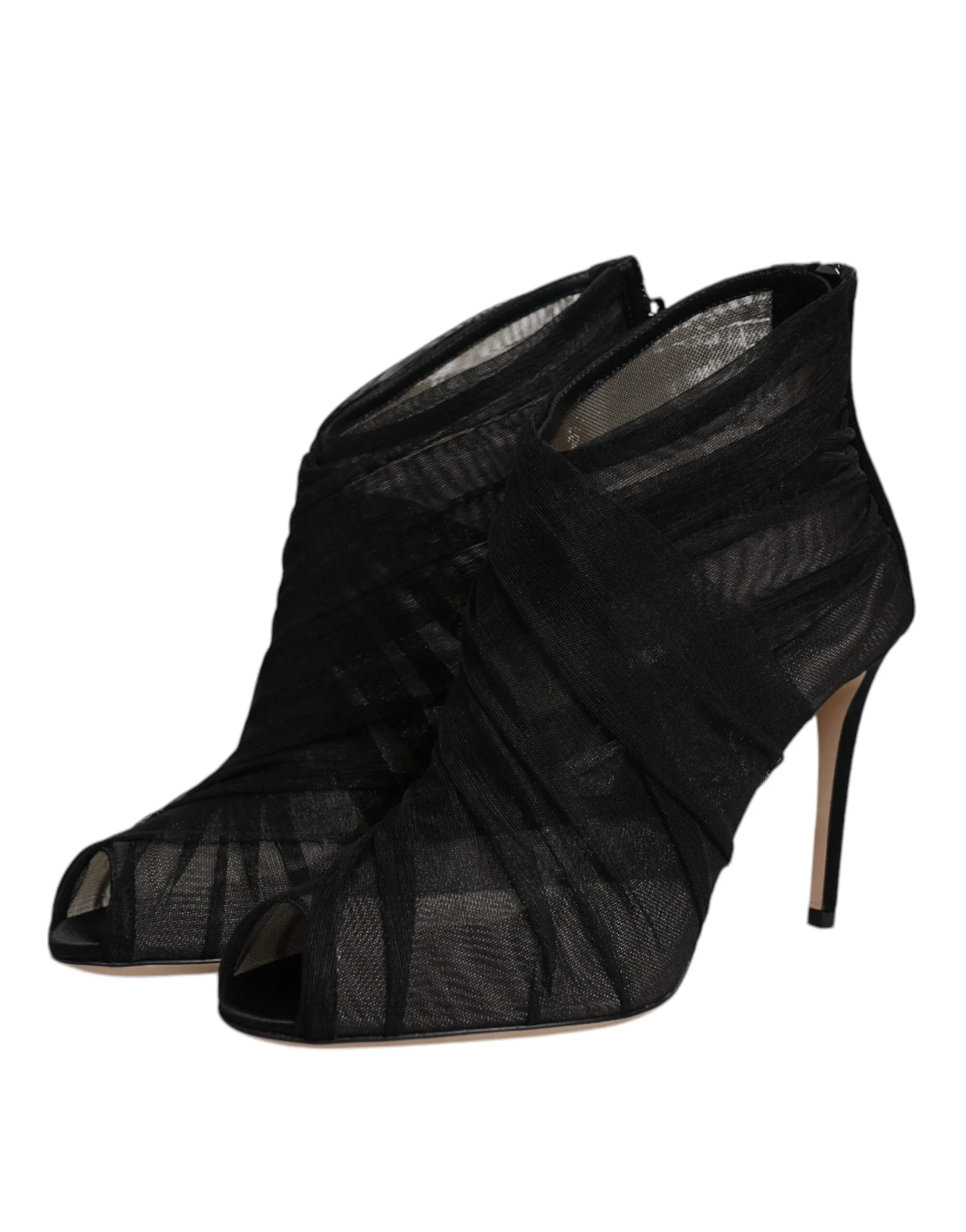 Dolce&Gabbana Women Black Ankle Boots Mesh Peep Toe Zip High Heel Booties EUR 38