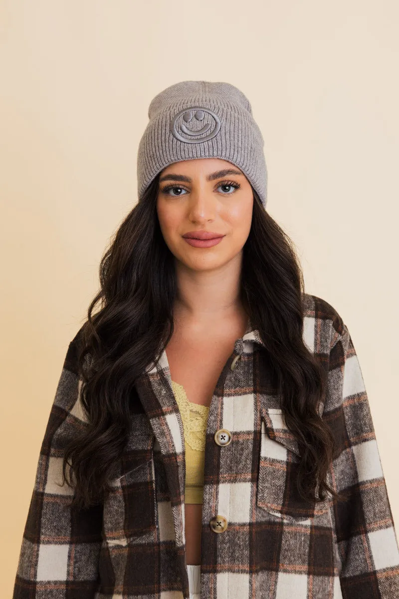 Embroidered Smiley Face Ribbed Knit Beanie-8 colors