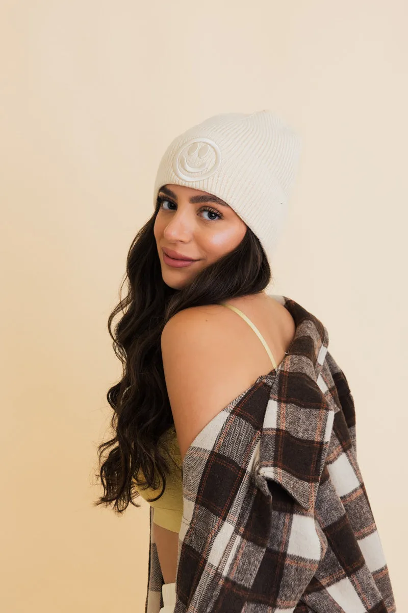 Embroidered Smiley Face Ribbed Knit Beanie-8 colors