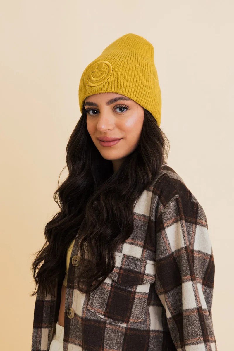 Embroidered Smiley Face Ribbed Knit Beanie-8 colors
