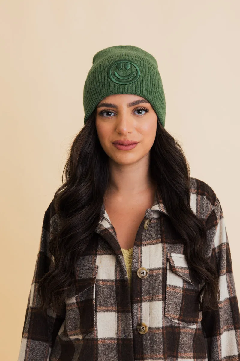 Embroidered Smiley Face Ribbed Knit Beanie-8 colors