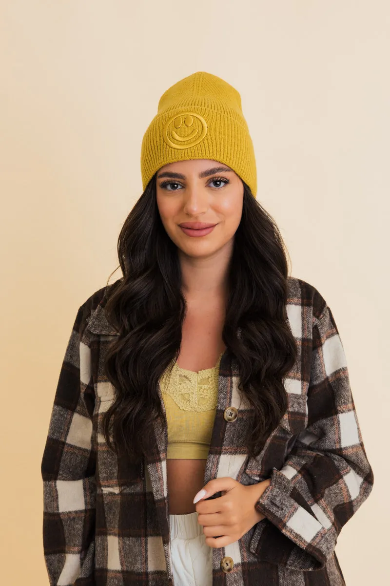 Embroidered Smiley Face Ribbed Knit Beanie-8 colors