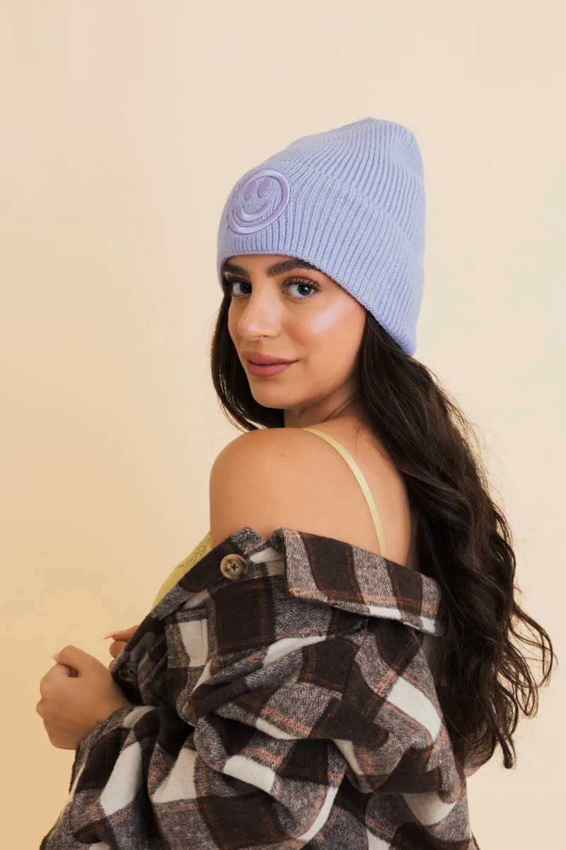 Embroidered Smiley Face Ribbed Knit Beanie-8 colors