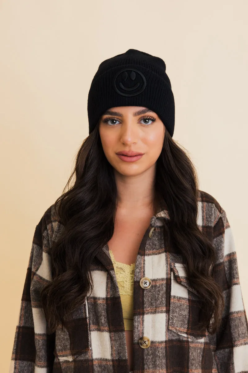 Embroidered Smiley Face Ribbed Knit Beanie-8 colors