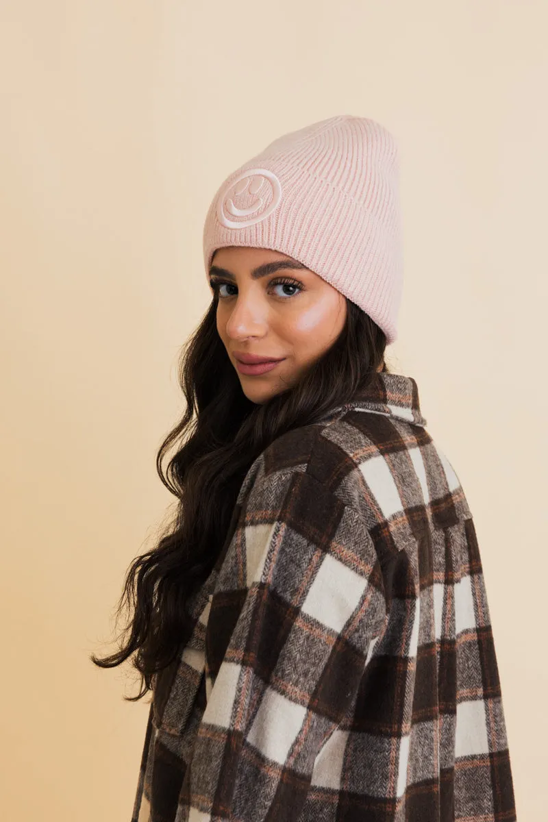 Embroidered Smiley Face Ribbed Knit Beanie-8 colors