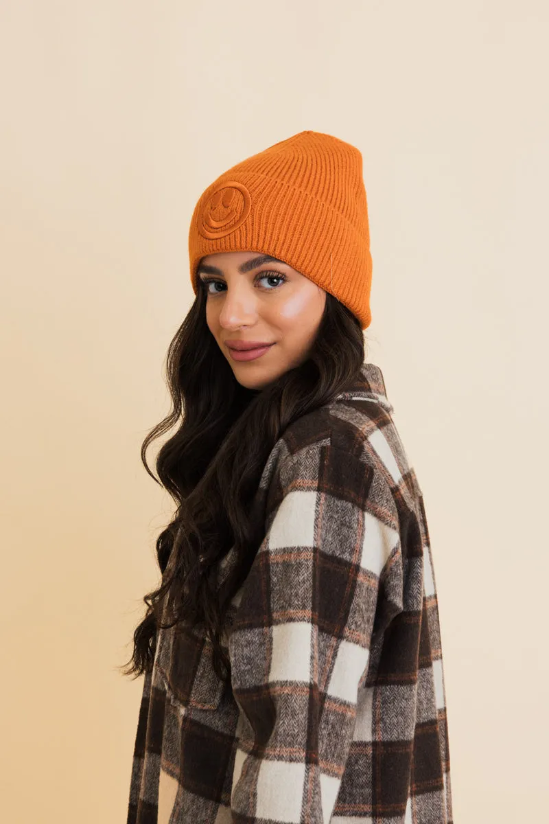 Embroidered Smiley Face Ribbed Knit Beanie-8 colors