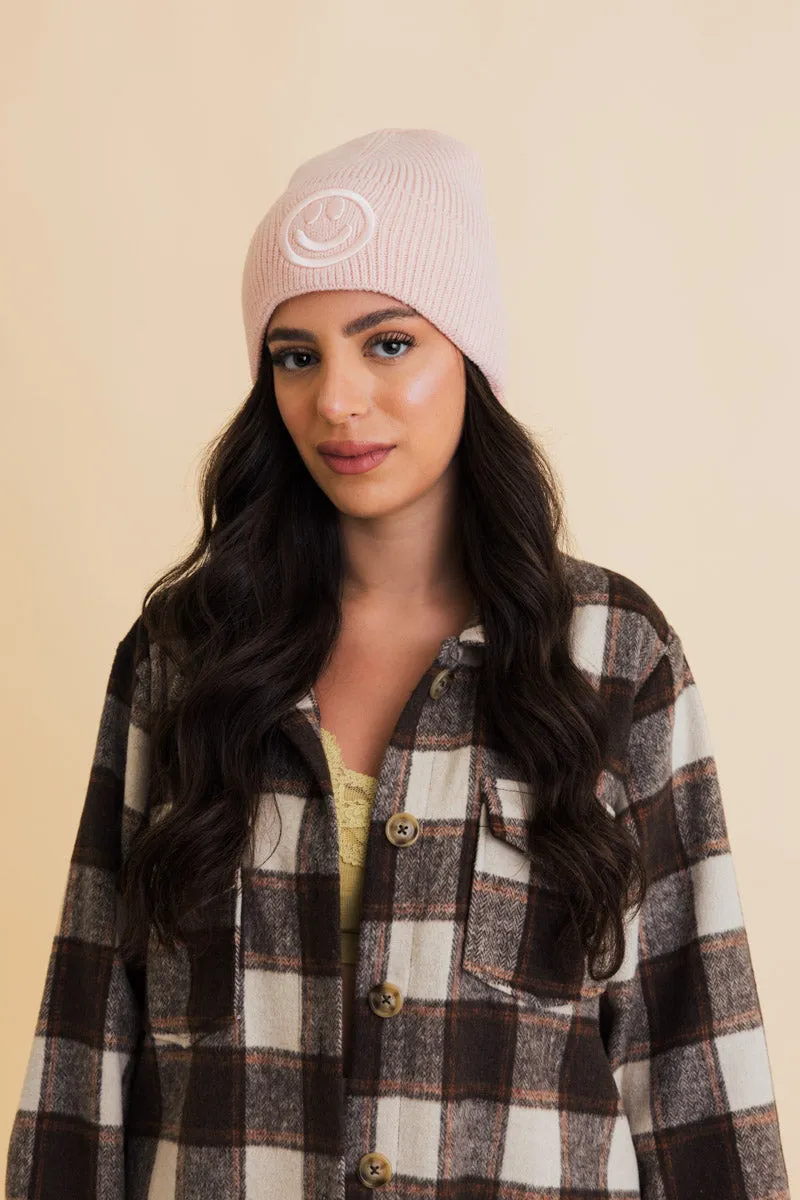 Embroidered Smiley Face Ribbed Knit Beanie-8 colors