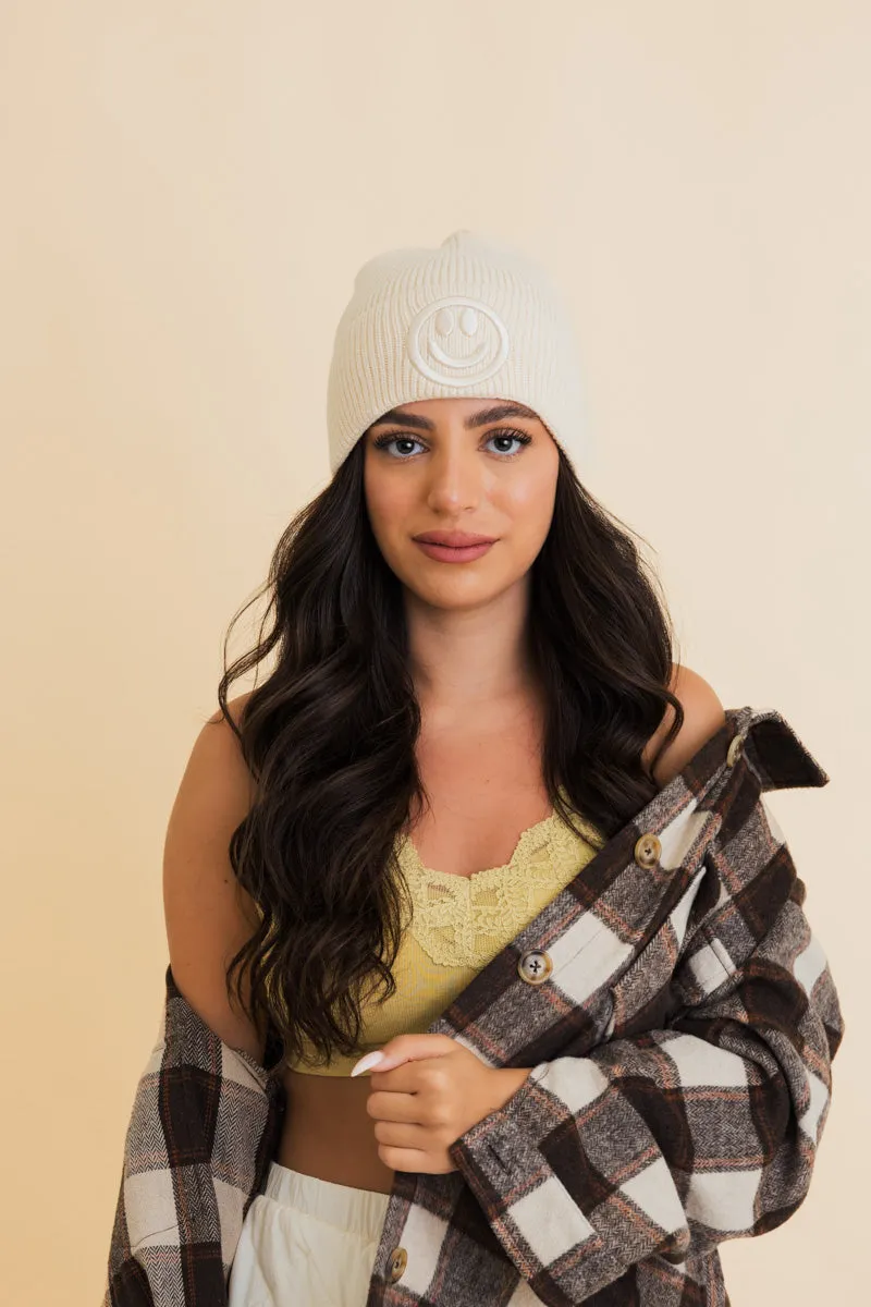 Embroidered Smiley Face Ribbed Knit Beanie-8 colors