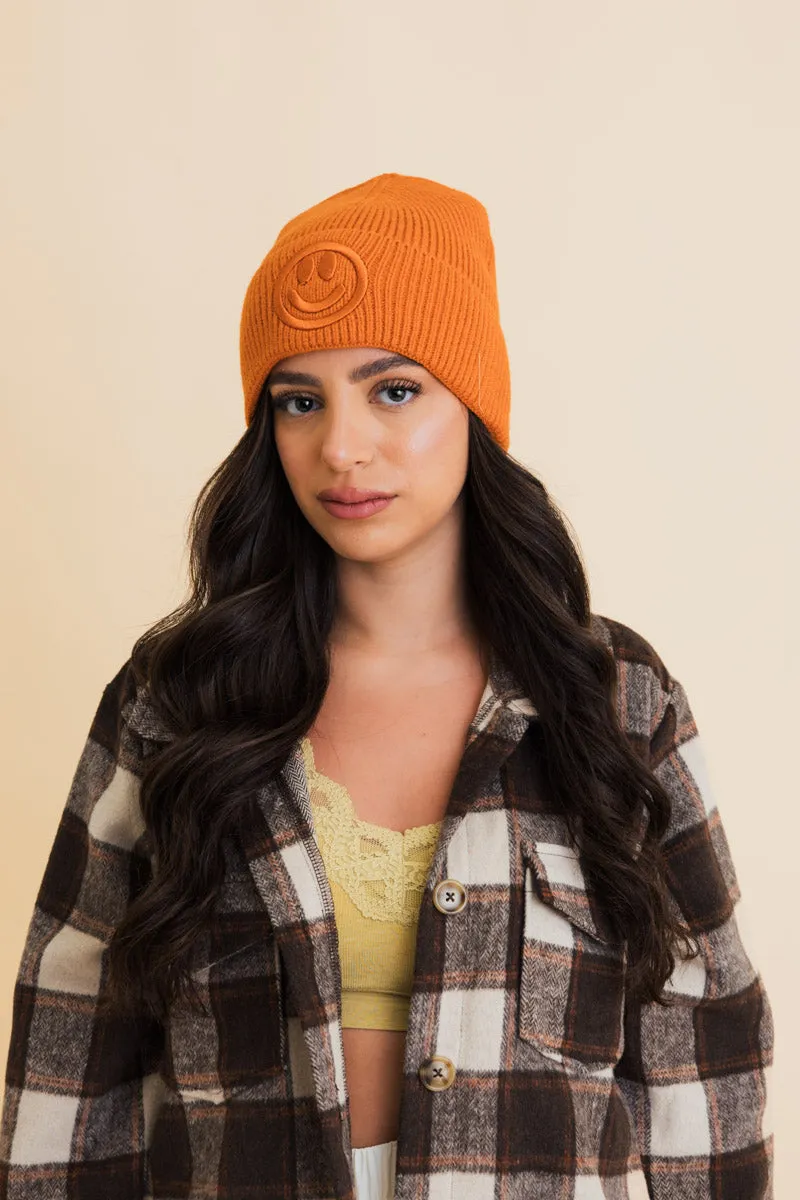 Embroidered Smiley Face Ribbed Knit Beanie-8 colors