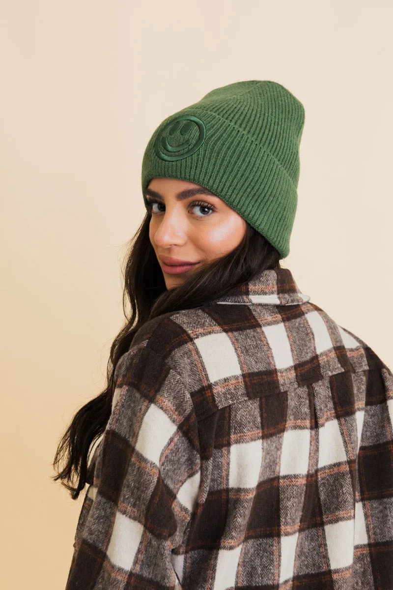 Embroidered Smiley Face Ribbed Knit Beanie-8 colors