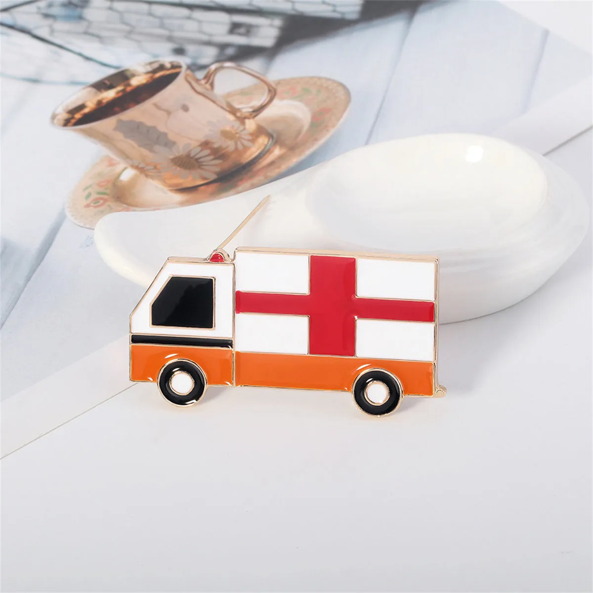 Enamel & 18K Gold-Plated Ambulance Brooch