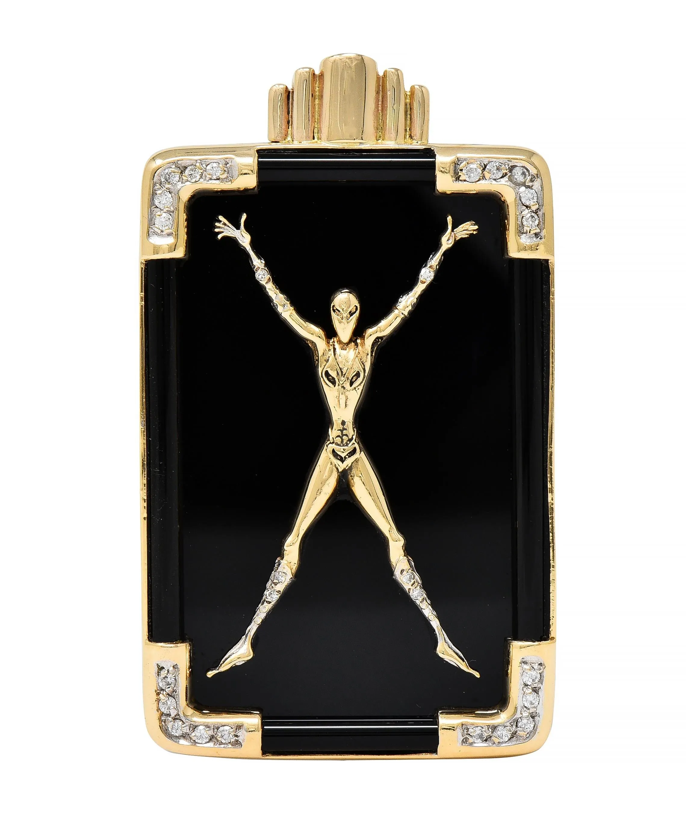 Erté 14 Karat Yellow Gold Diamond Onyx Alien "X" Alphabet 9 Brooch