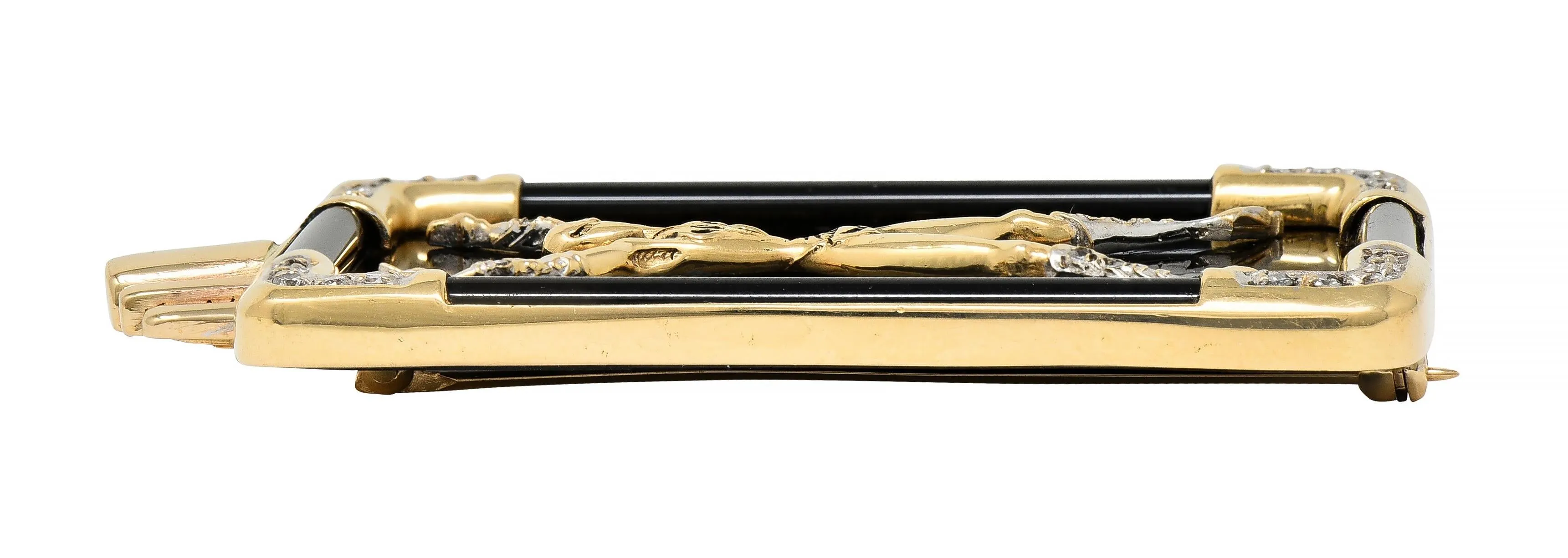 Erté 14 Karat Yellow Gold Diamond Onyx Alien "X" Alphabet 9 Brooch