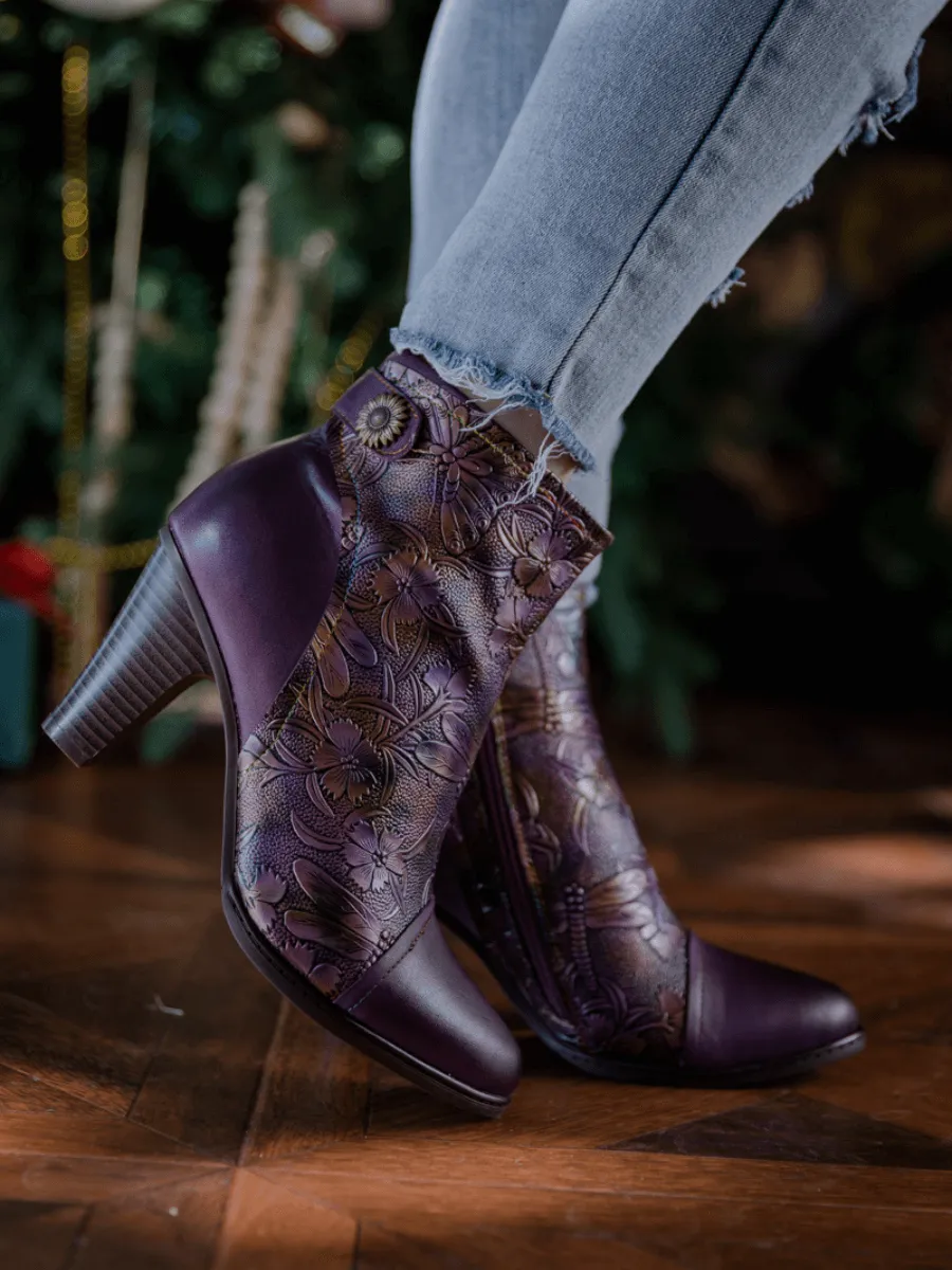 Floral Embossed Metallic Leather Ankle Boot - Purple