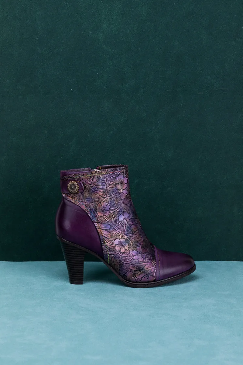 Floral Embossed Metallic Leather Ankle Boot - Purple