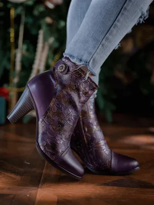 Floral Embossed Metallic Leather Ankle Boot - Purple