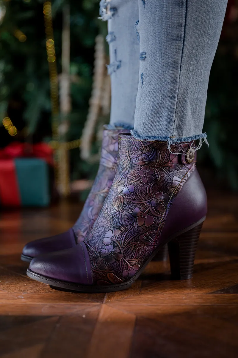 Floral Embossed Metallic Leather Ankle Boot - Purple