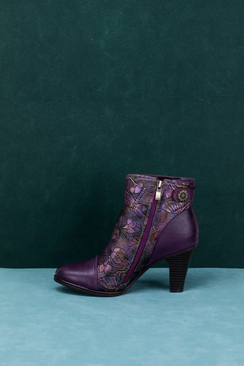 Floral Embossed Metallic Leather Ankle Boot - Purple
