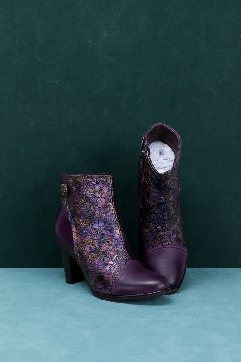 Floral Embossed Metallic Leather Ankle Boot - Purple