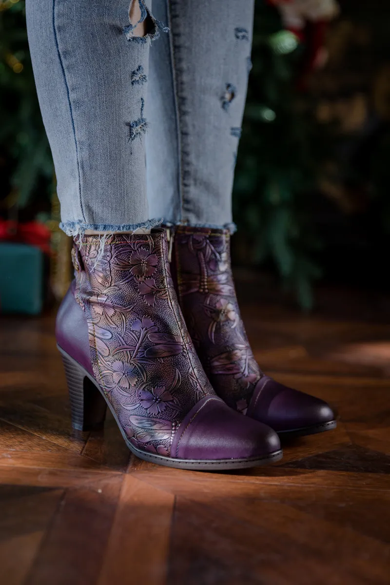 Floral Embossed Metallic Leather Ankle Boot - Purple