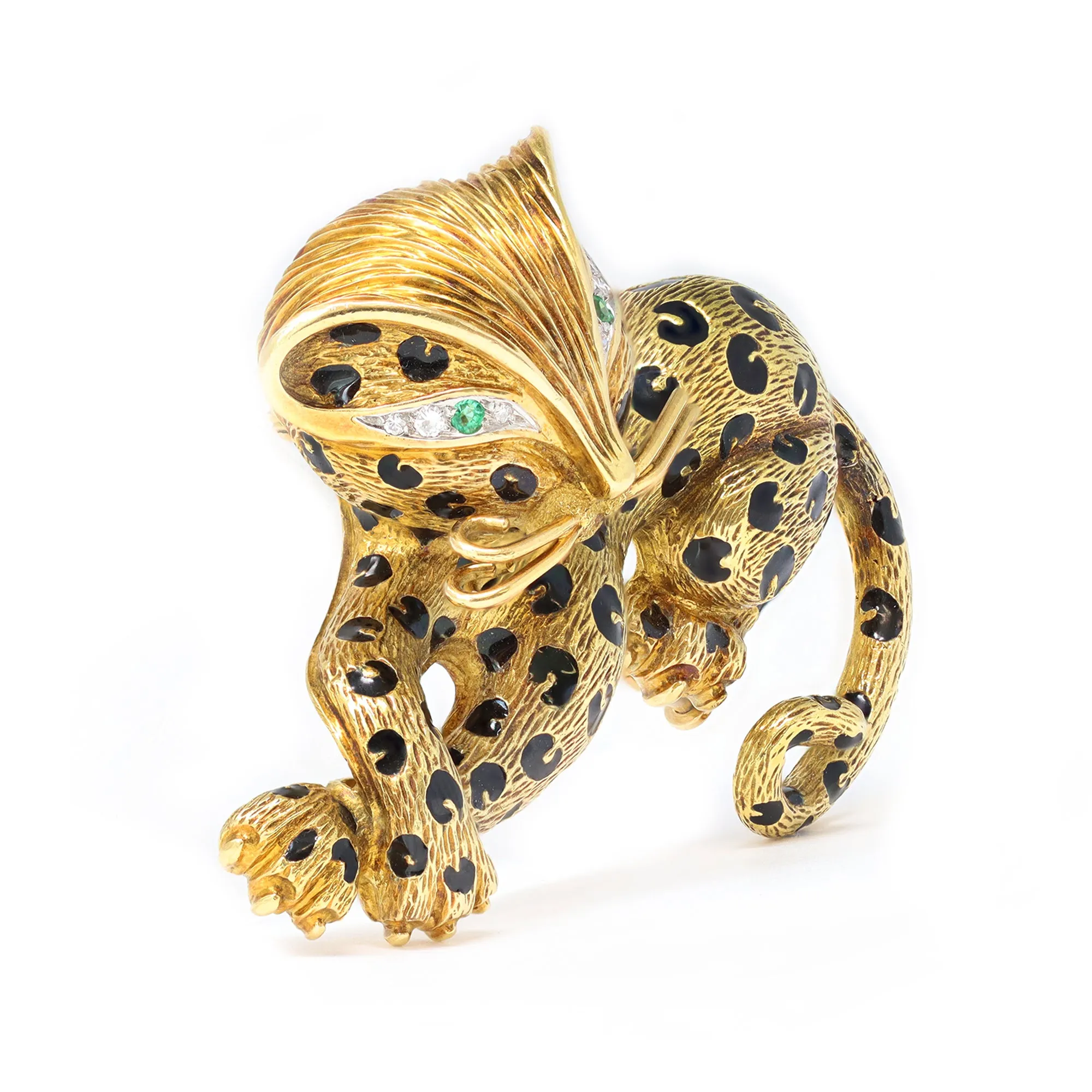 Fred Paris Enamel & 18k Yellow Gold Leopard Brooch