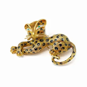 Fred Paris Enamel & 18k Yellow Gold Leopard Brooch