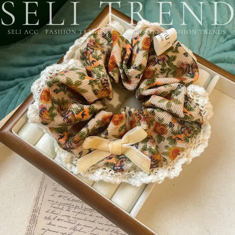 French Fashion Floral Lace Velet Hair Scrunchies for Girls and Women Handmade Hair Loop