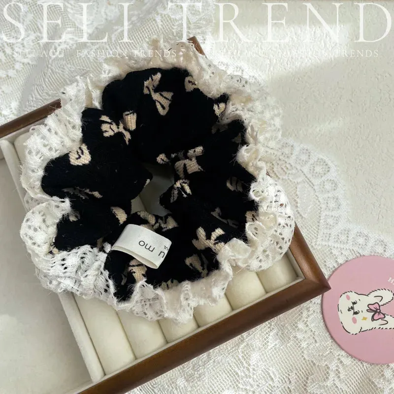 French Fashion Floral Lace Velet Hair Scrunchies for Girls and Women Handmade Hair Loop