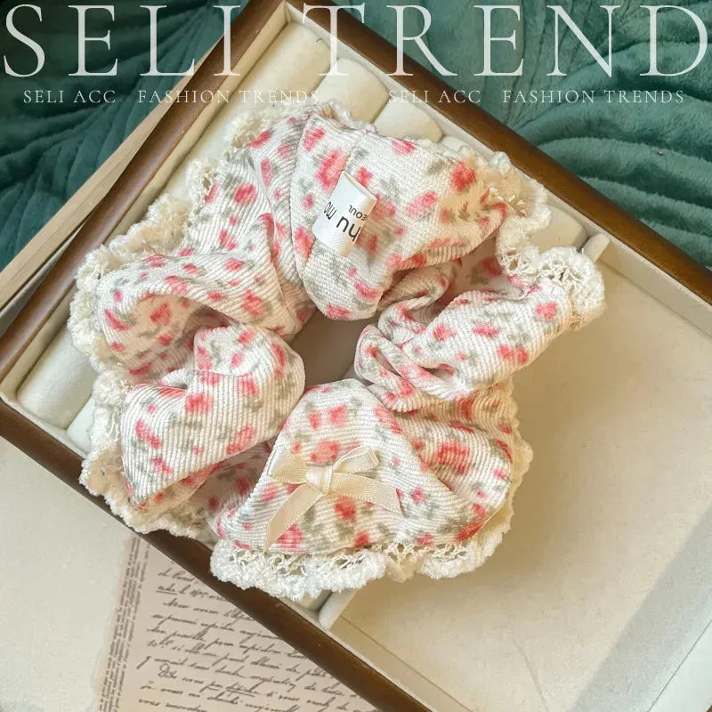 French Fashion Floral Lace Velet Hair Scrunchies for Girls and Women Handmade Hair Loop