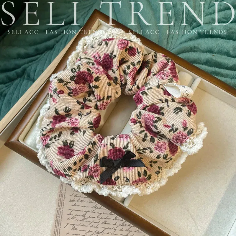 French Fashion Floral Lace Velet Hair Scrunchies for Girls and Women Handmade Hair Loop
