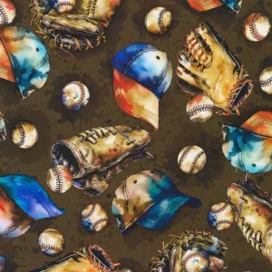 Game Day by Robert Kaufman Fabrics BASEBALL GLOVES, HATS, BALLS/BROWN