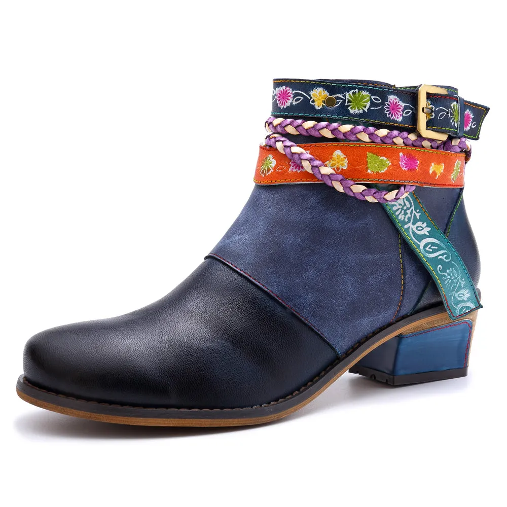 Genuine Leather Woven Multi-Strap Flat Ankle Boots