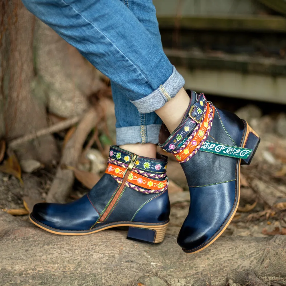 Genuine Leather Woven Multi-Strap Flat Ankle Boots