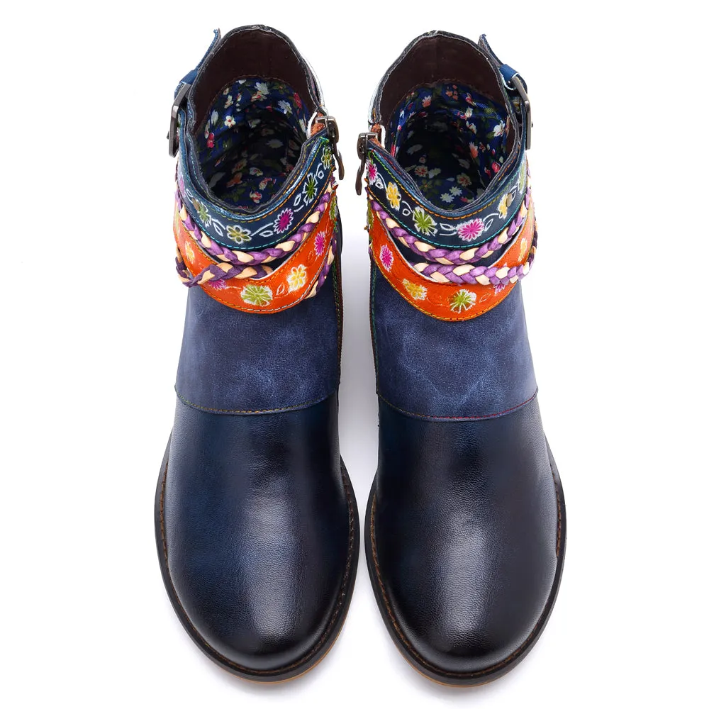 Genuine Leather Woven Multi-Strap Flat Ankle Boots
