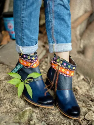 Genuine Leather Woven Multi-Strap Flat Ankle Boots