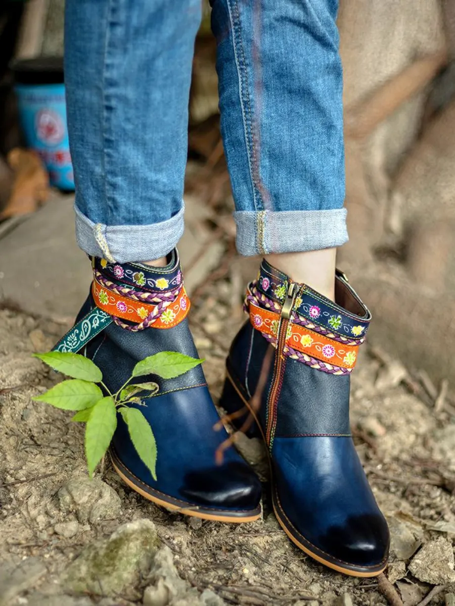 Genuine Leather Woven Multi-Strap Flat Ankle Boots