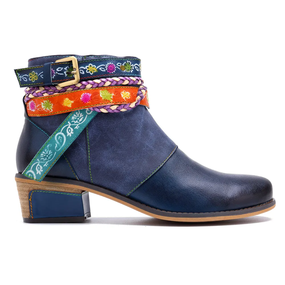 Genuine Leather Woven Multi-Strap Flat Ankle Boots