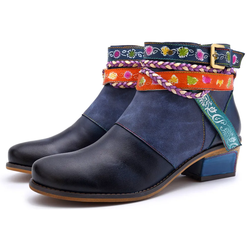 Genuine Leather Woven Multi-Strap Flat Ankle Boots