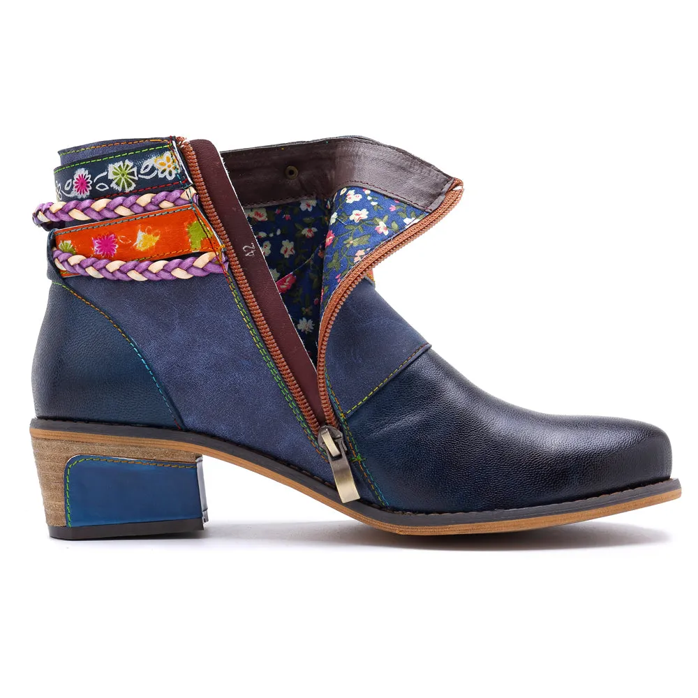 Genuine Leather Woven Multi-Strap Flat Ankle Boots