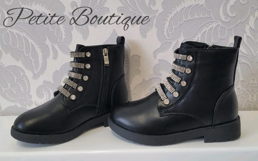 Girls black diamanté design ankle boots
