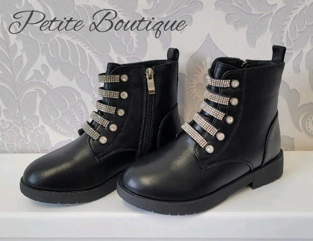 Girls black diamanté design ankle boots