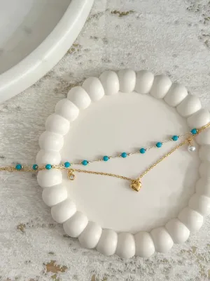 Gold Heart Pearl Diamante Charm Double Layer Blue Bead Anklet