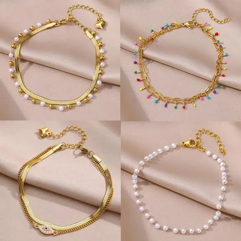 Gold Stainless Steel Pearl Anklet
