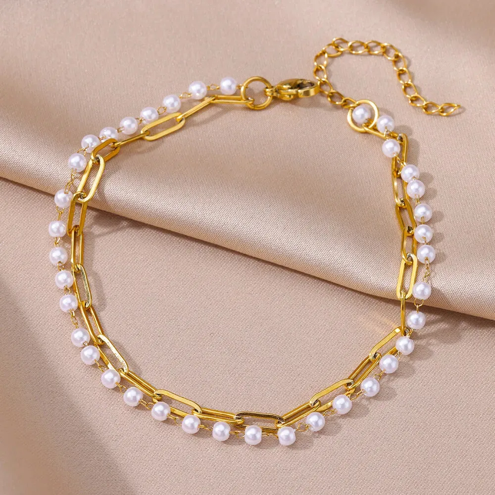 Gold Stainless Steel Pearl Anklet