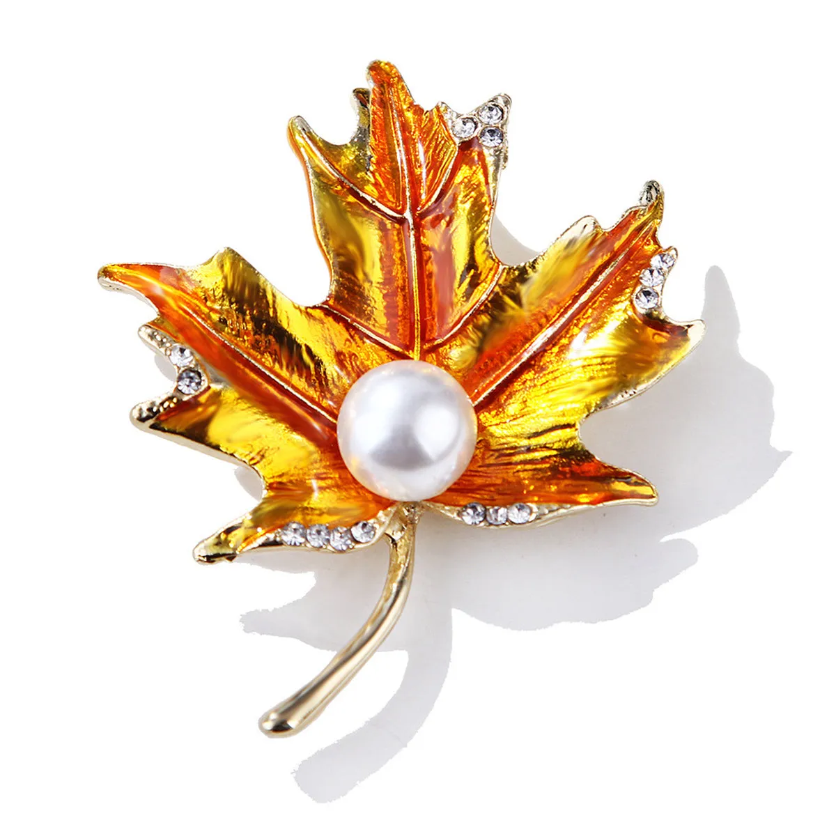 Golden Enamel & Cubic Zirconia Pearl 18K Gold-Plated Maple Leaf Brooch
