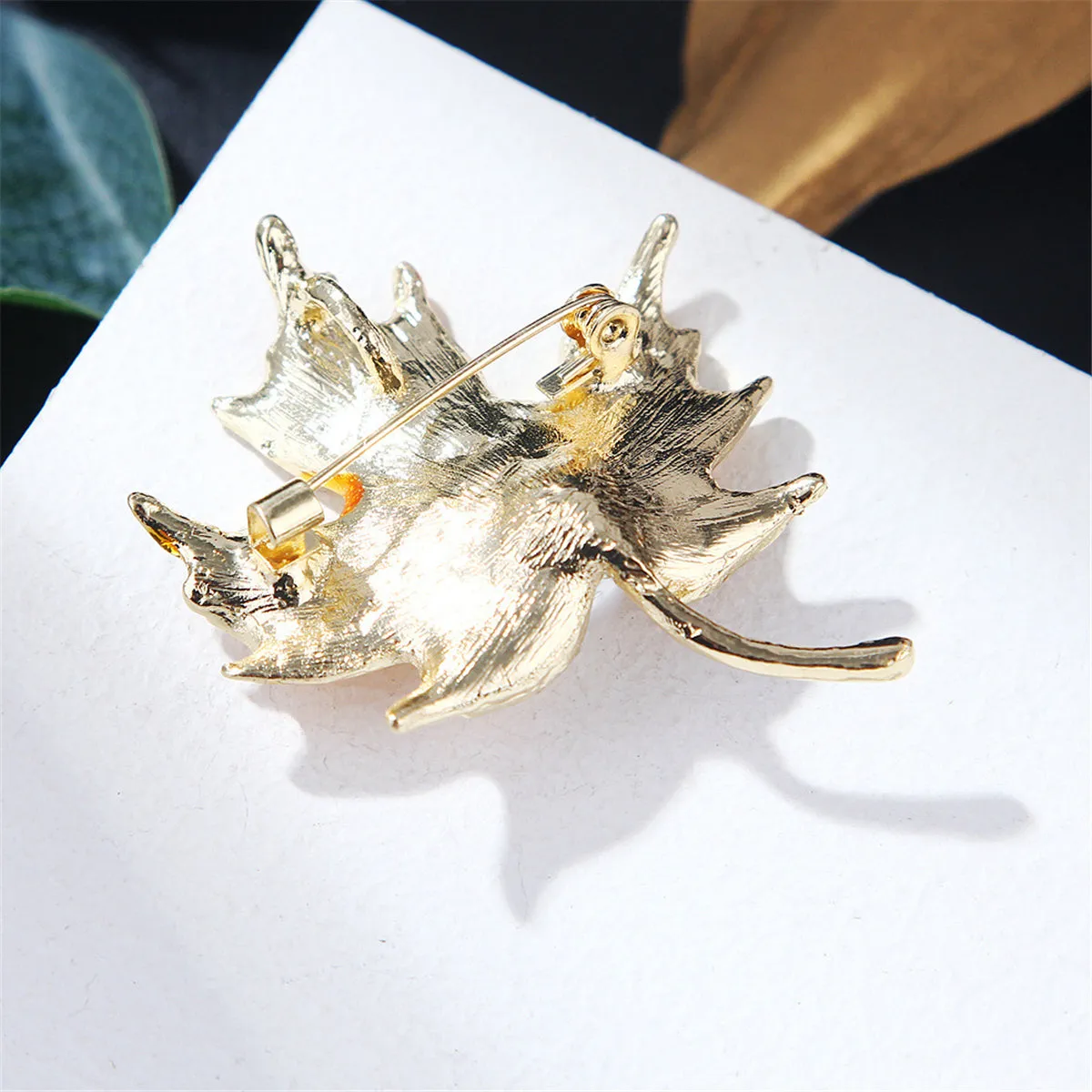 Golden Enamel & Cubic Zirconia Pearl 18K Gold-Plated Maple Leaf Brooch